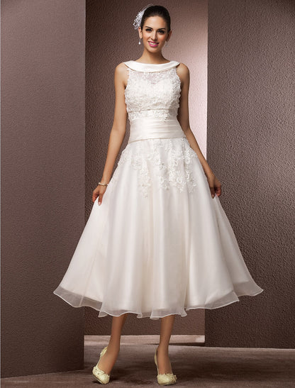 Weitese Hall Wedding Dresses A-Line Illusion Neck Sleeveless Tea Length Lace Bridal Gowns With Pearl Beading