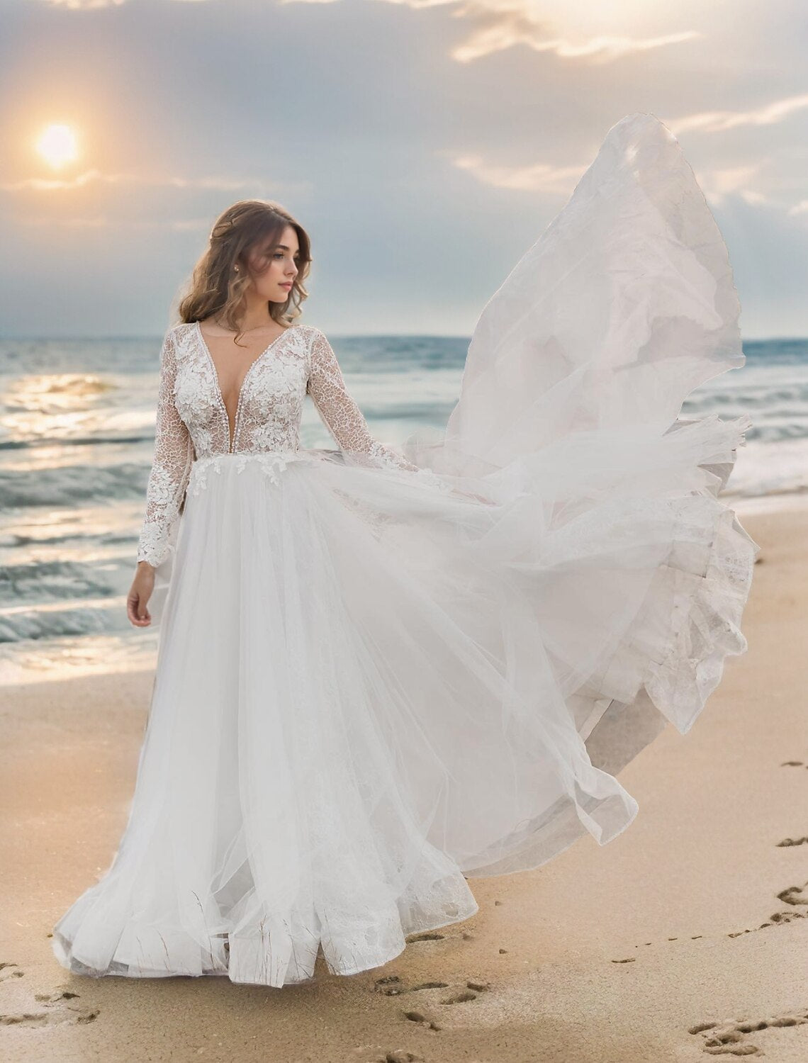 Weitese Beach Boho Wedding Dresses A-Line V Neck Long Sleeve Court Train Lace Bridal Gowns With Appliques Solid Color