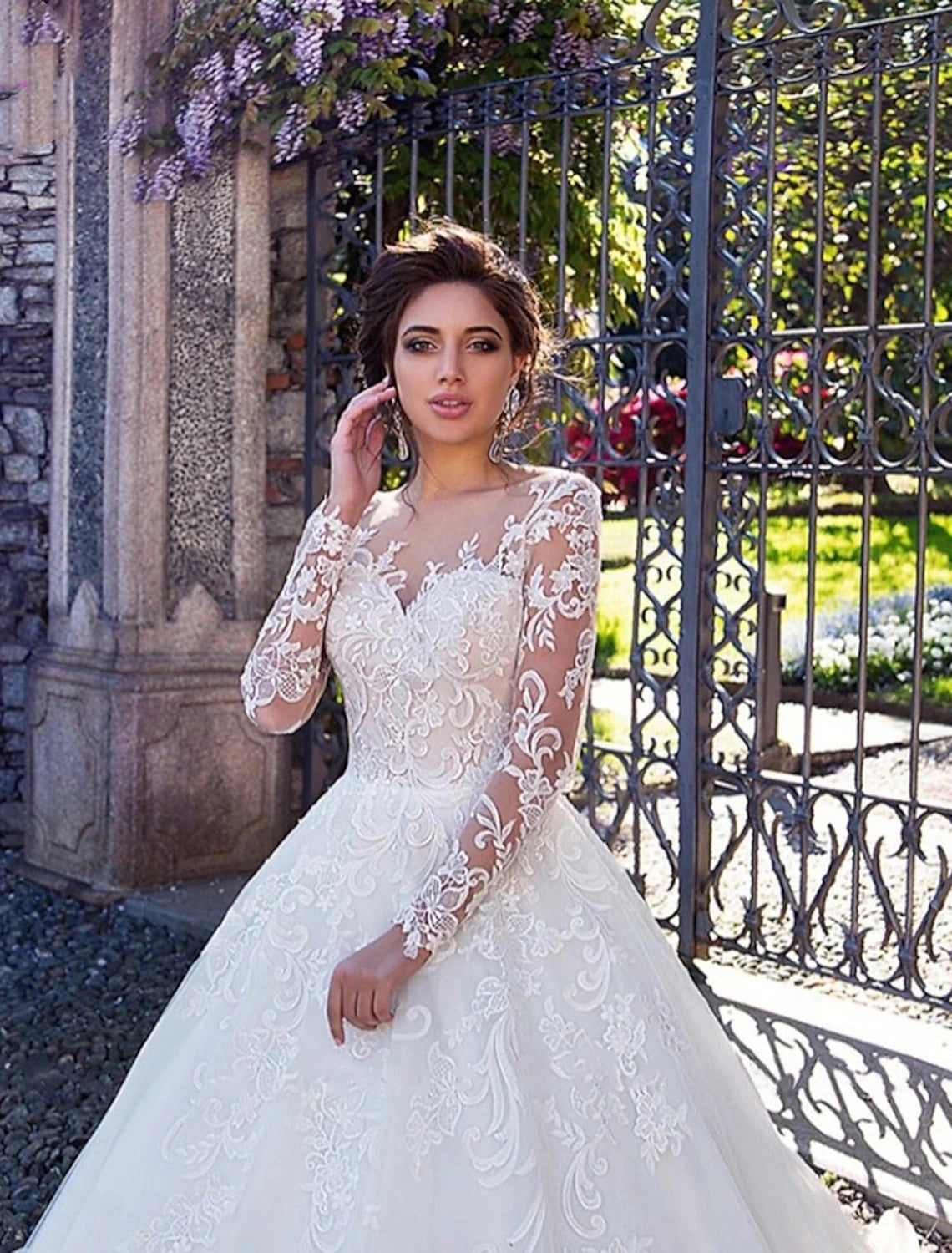 Weitese Engagement Formal Wedding Dresses Ball Gown Illusion Neck Long Sleeve Court Train Lace Bridal Gowns With Lace Appliques