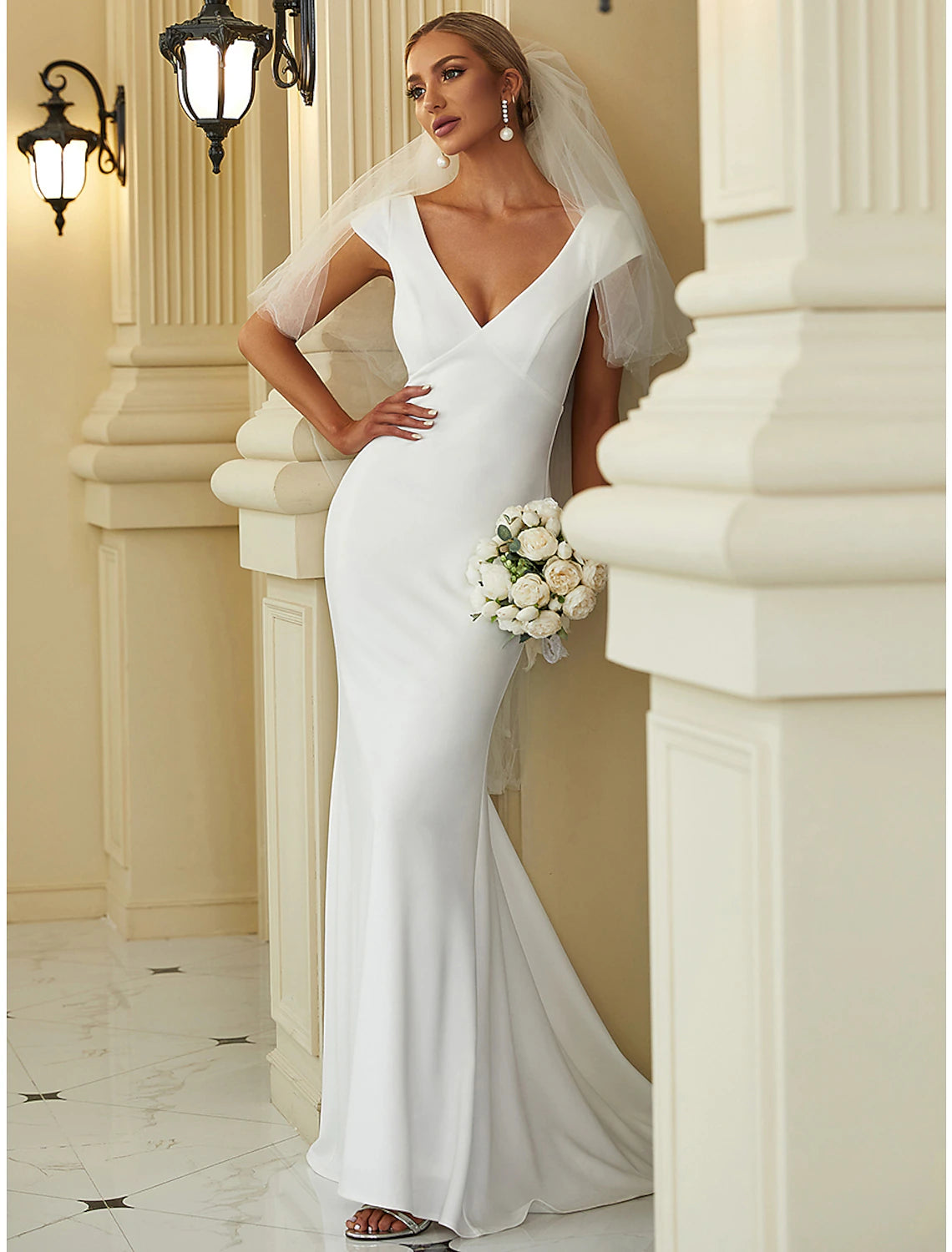 Weitese Reception Simple Wedding Dresses Mermaid / Trumpet V Neck Cap Sleeve Sweep / Brush Train Stretch Fabric Bridal Gowns With Draping Solid Color