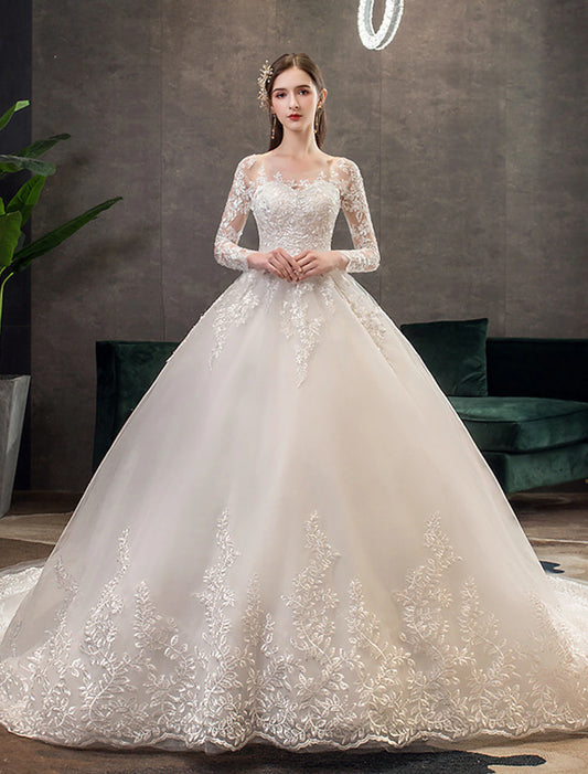 Weitese Engagement Formal Wedding Dresses Ball Gown Illusion Neck Long Sleeve Cathedral Train Lace Bridal Gowns With Pleats Appliques