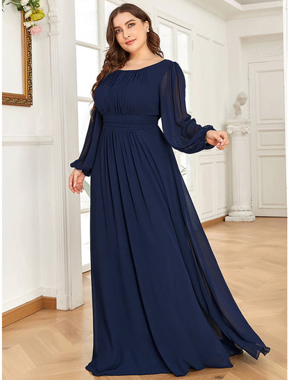 Weitese A-Line Evening Gown Elegant Dress Wedding Guest Formal Evening Floor Length Long Sleeve Jewel Neck Chiffon with Draping Pure Color