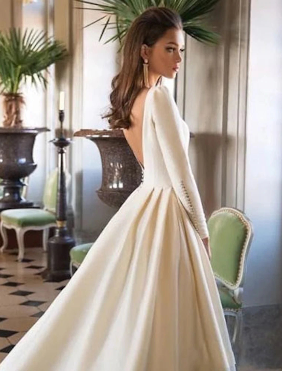 Weitese Formal Wedding Dresses Ball Gown Scoop Neck Long Sleeve Court Train Satin Bridal Gowns With Buttons Pleats