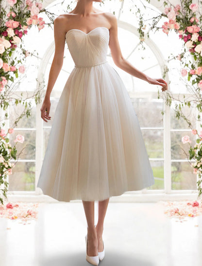 Reception Little White Dresses Wedding Dresses A-Line Sweetheart Strapless Tea Length Tulle Bridal Gowns