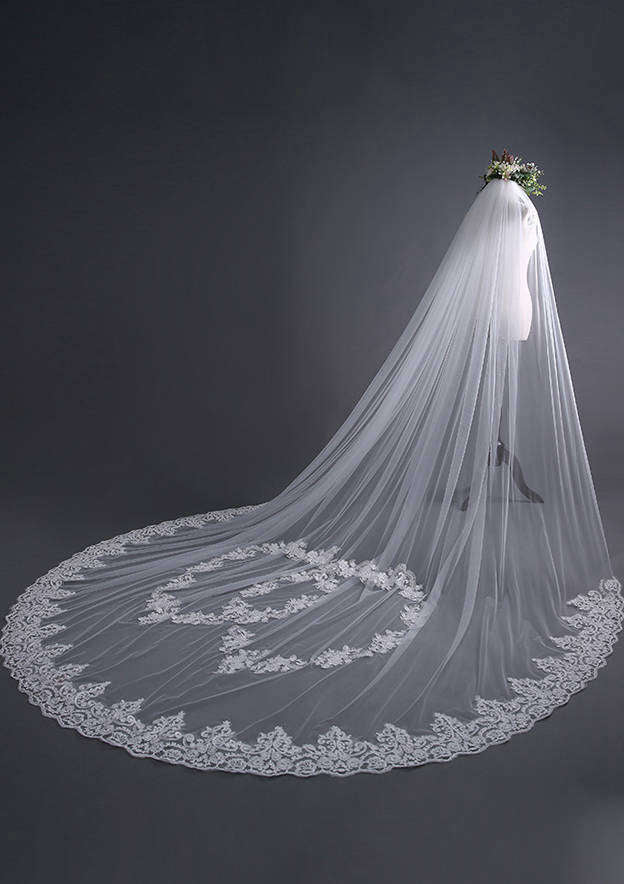 One-tier Cathedral Bridal Veils With Applique