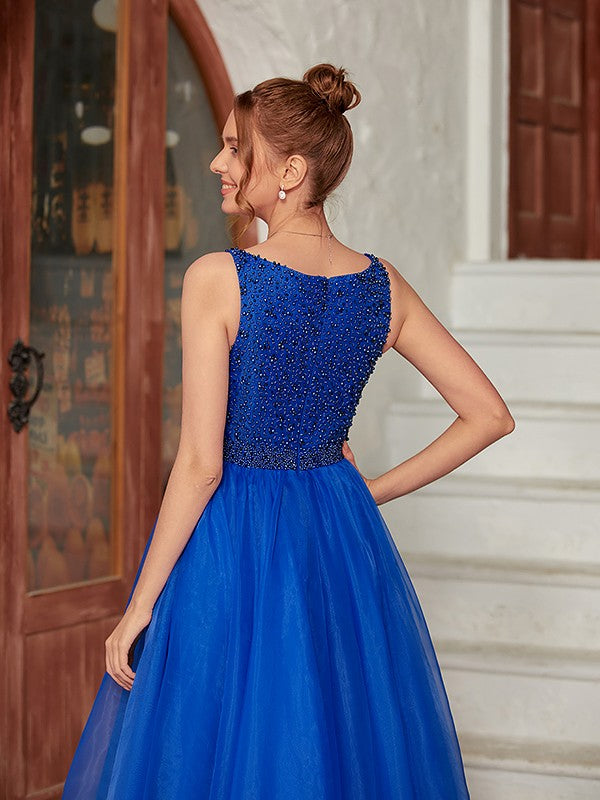 Weitese A-Line/Princess Organza Beading V-neck Sleeveless Floor-Length Dresses