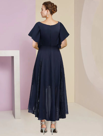 Weitese A-Line Mother of the Bride Dress Formal Wedding Guest Elegant V Neck Ankle Length Chiffon Lace Short Sleeve with Pleats Crystal Brooch