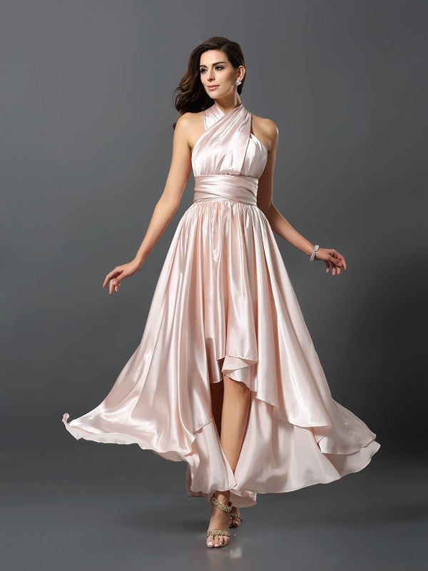 Weitese Sheath/Column Sleeveless High Low Silk like Satin Convertible Bridesmaid Dresses