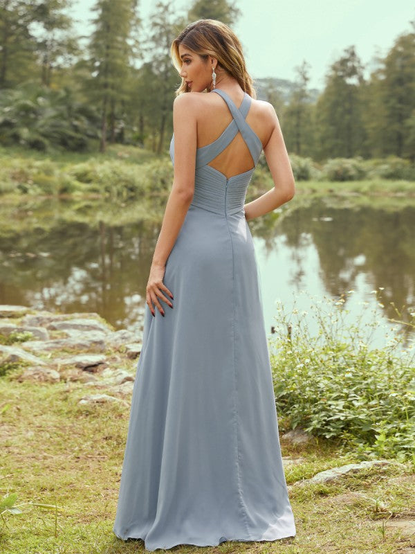 Weitese A-Line/Princess Chiffon Ruched Halter Sleeveless Sweep/Brush Train Bridesmaid Dresses