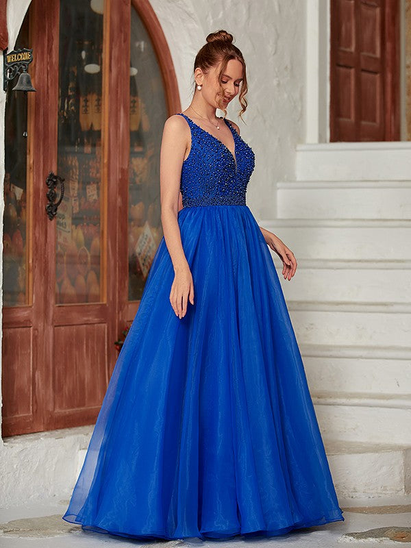 Weitese A-Line/Princess Organza Beading V-neck Sleeveless Floor-Length Dresses