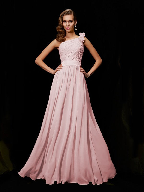 Weitese A-Line/Princess One-Shoulder Sleeveless Hand-Made Flower Long Chiffon Bridesmaid Dresses