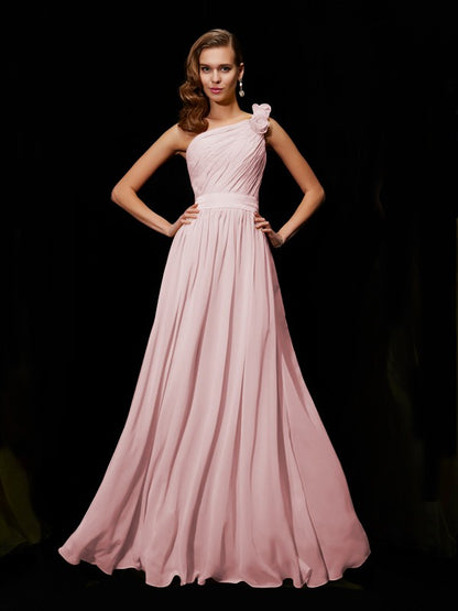 Weitese A-Line/Princess One-Shoulder Sleeveless Hand-Made Flower Long Chiffon Bridesmaid Dresses