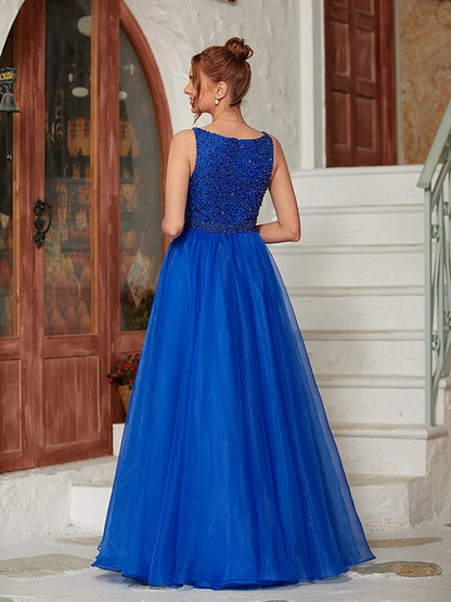 Weitese A-Line/Princess Organza Beading V-neck Sleeveless Floor-Length Dresses