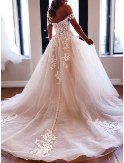 Engagement Formal Wedding Dresses Ball Gown Off Shoulder Cap Sleeve Chapel Train Lace Bridal Gowns