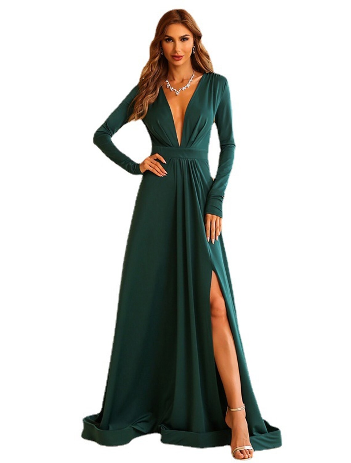 Weitese A-Line Evening Gown Elegant Dress Wedding Guest Engagement Sweep / Brush Train Long Sleeve V Neck Polyester with Slit Pure Color