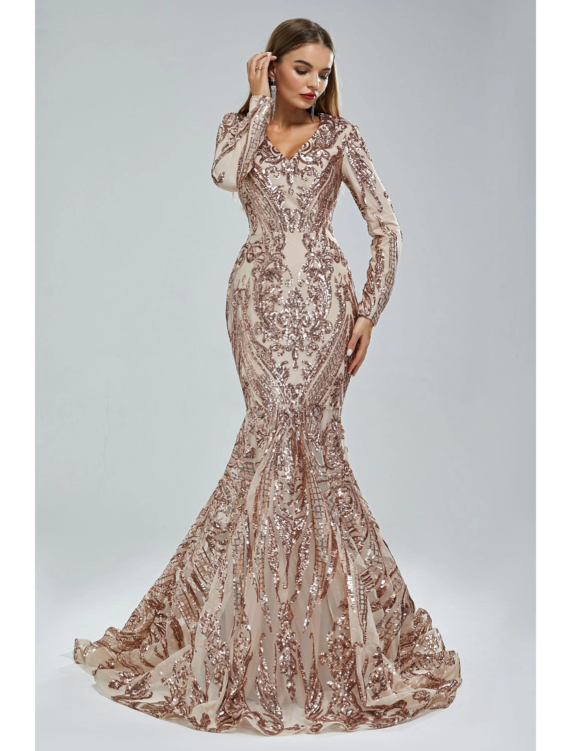 Weitese Mermaid / Trumpet Evening Gown Elegant Dress Carnival Formal Court Train Long Sleeve V Neck African American Lace with Sequin