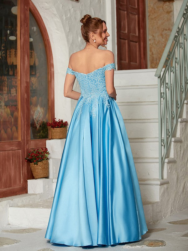 Weitese A-Line/Princess Satin Lace Off-the-Shoulder Sleeveless Floor-Length Dresses