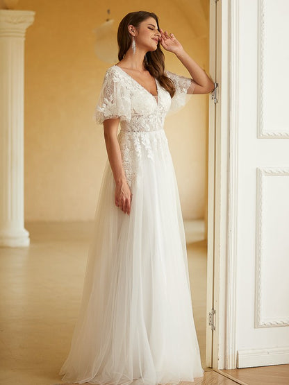 Weitese A-Line/Princess Tulle Lace V-neck Short Sleeves Floor-Length Wedding Dresses