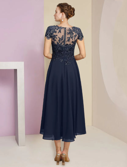 Weitese Two Piece A-Line Mother of the Bride Dress Formal Wedding Guest Elegant Scoop Neck Tea Length Chiffon Lace Short Sleeve Fall Wrap Included with Pleats Sequin Appliques