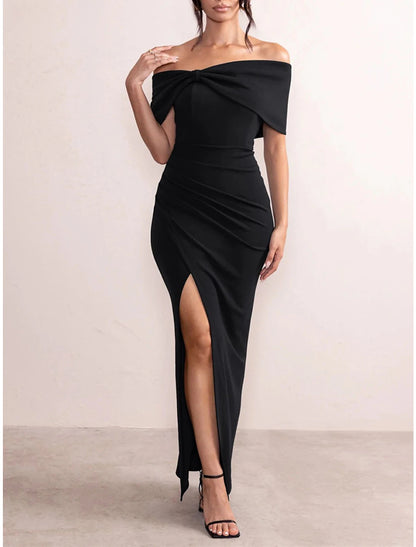 Weitese Women's Black Dress Prom Dress Party Dress Long Dress Maxi Dress Black Red Short Sleeve Plain Backless Summer Spring Fall Off Shoulder Elegant Wedding Guest Evening Party Vacation