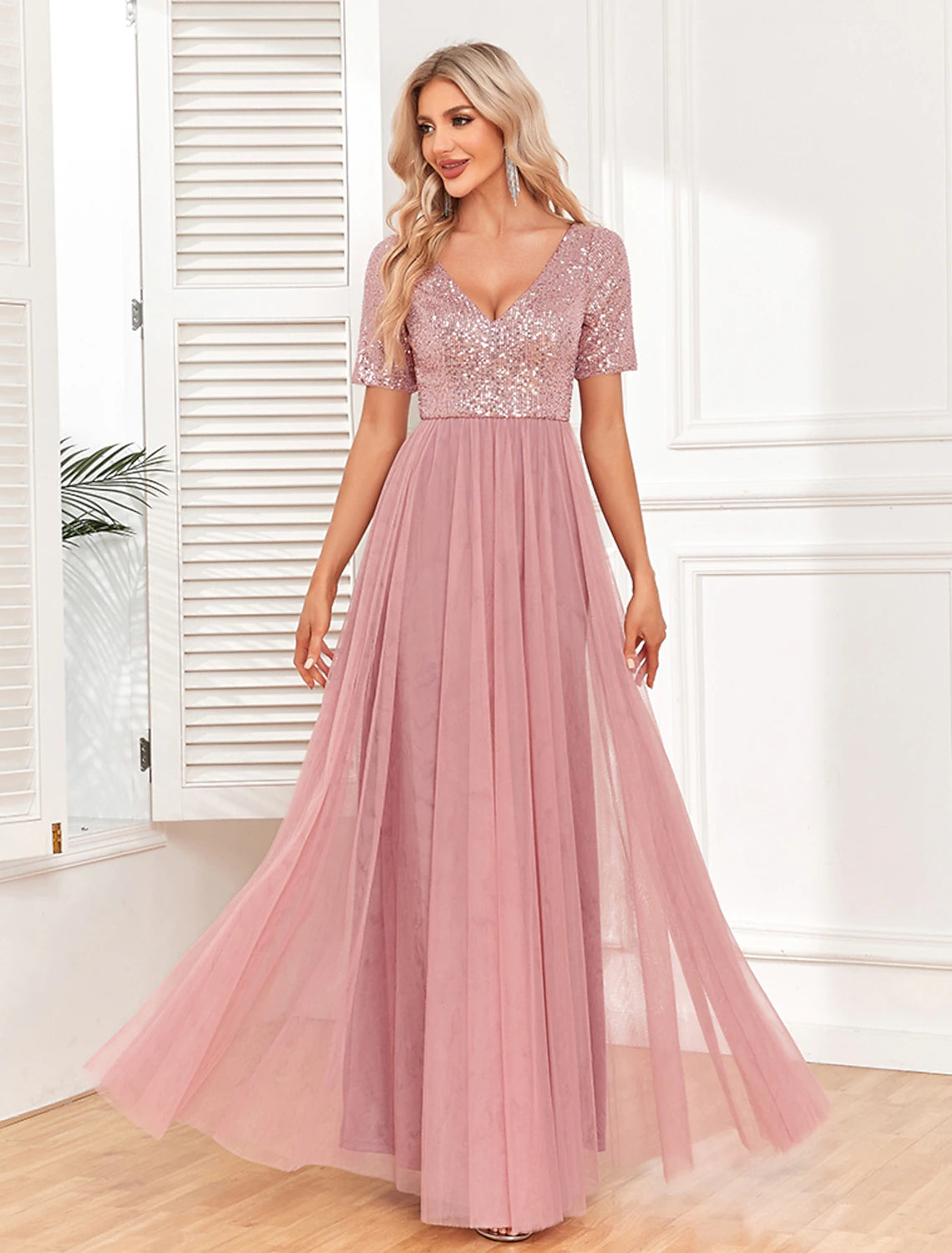 Weitese Women's Sequin Dress Party Dress Cocktail Dress Long Dress Maxi Dress Pink Short Sleeve Pure Color Zipper Summer Spring Fall V Neck Formal Evening Party