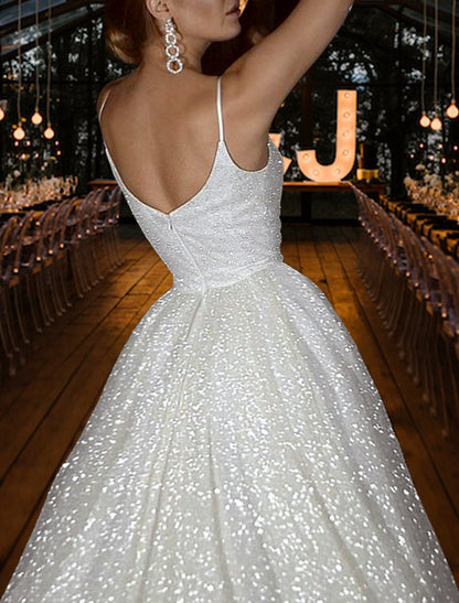 Hall Sparkle & Shine Casual Wedding Dresses A-Line Camisole V Neck Spaghetti Strap Sweep / Brush Train Sequined Bridal Gowns