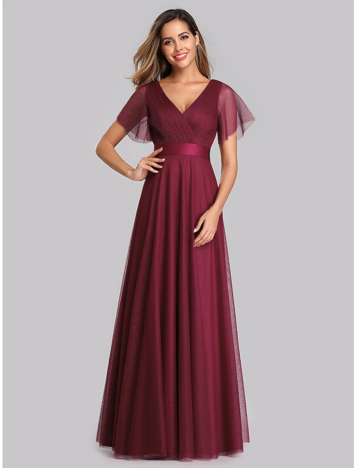 Weitese A-Line Evening Gown Empire Dress Wedding Guest Prom Floor Length Short Sleeve V Neck Bridesmaid Dress Chiffon V Back with Pleats Ruched