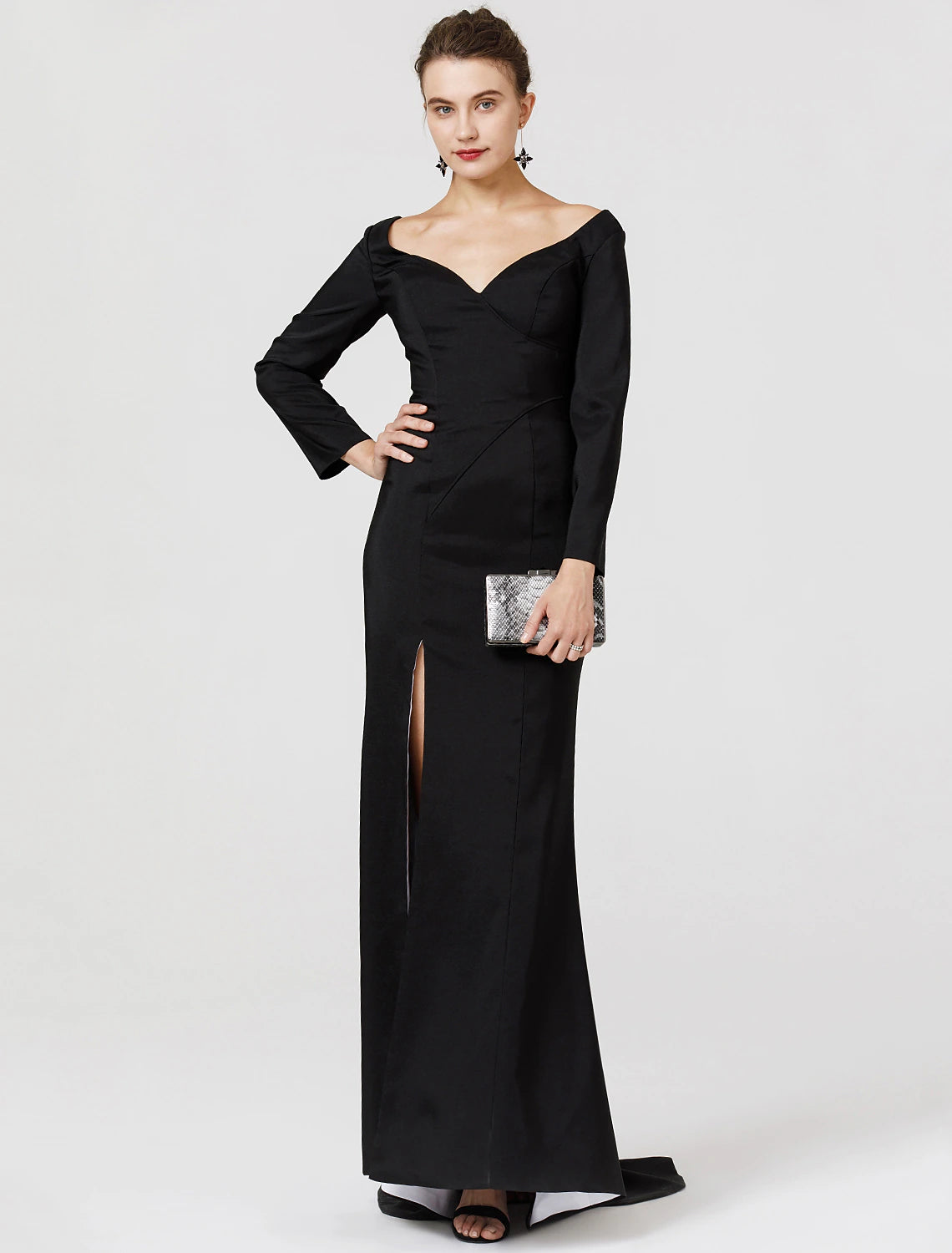 Prom Dresses Holiday Cocktail Party Sweep / Brush Train Long Sleeve V Neck Stretch Satin with Split Front