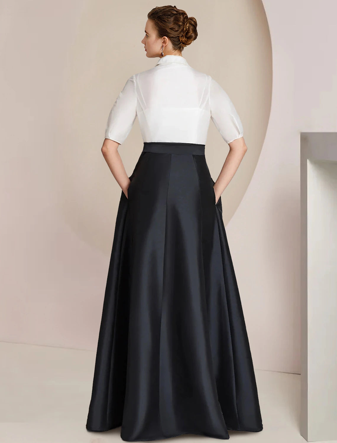 Weitese A-Line Mother of the Bride Dress Formal Wedding Guest Party Elegant Shirt Collar Floor Length Taffeta Short Sleeve with Bow(s) Color Block