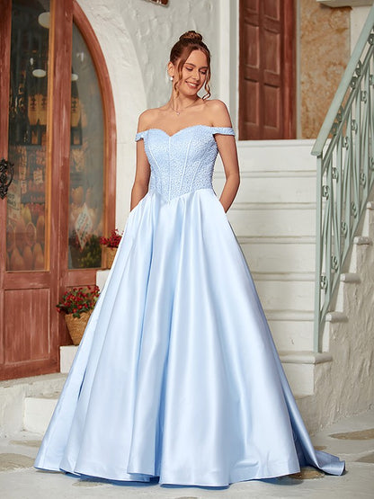 Weitese Ball Gown Satin Beading Off-the-Shoulder Sleeveless Sweep/Brush Train Dresses