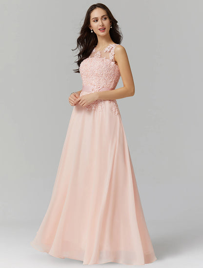 Weitese A-Line Evening Gown High Waisted Prom Dress Bridesmaid Wedding Guest Chiffon Floor Length Sleeveless Illusion Neck Georgette with Appliques