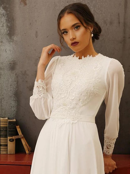 Weitese A-Line/Princess Chiffon Lace Jewel Long Sleeves Floor-Length Wedding Dresses