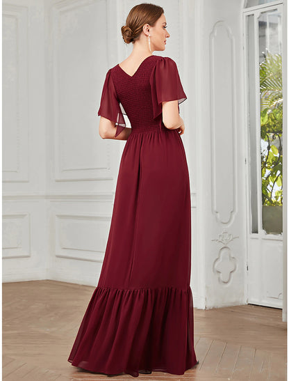 Weitese A-Line Prom Dresses Elegant Dress Wedding Guest Party Wear Floor Length Short Sleeve V Neck Chiffon with Pleats