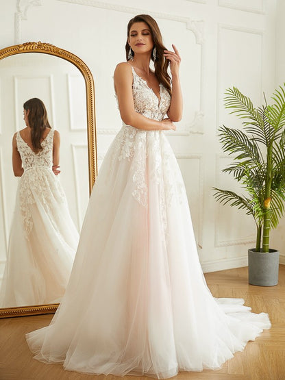 Weitese A-Line/Princess Tulle Applique V-neck Sleeveless Chapel Train Wedding Dresses