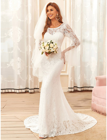 Weitese Reception Boho Wedding Dresses Mermaid / Trumpet Illusion Neck Long Sleeve Sweep / Brush Train Lace Bridal Gowns With Lace