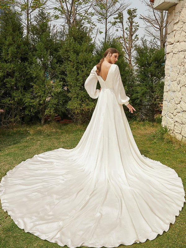 Weitese A-Line/Princess Satin Chiffon Ruched V-neck Long Sleeves Cathedral Train Wedding Dresses