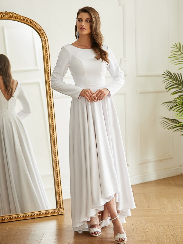 Weitese A-Line/Princess Stretch Crepe Ruffles Scoop Long Sleeves Asymmetrical Wedding Dresses