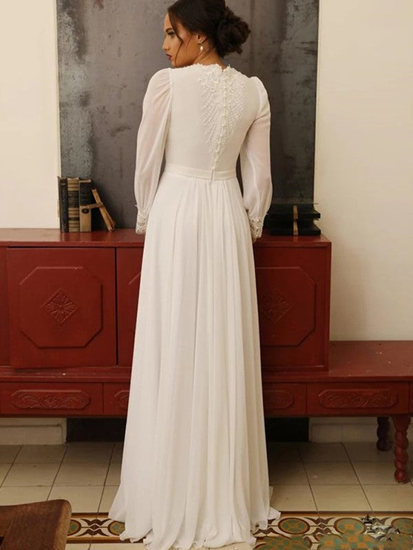 Weitese A-Line/Princess Chiffon Lace Jewel Long Sleeves Floor-Length Wedding Dresses