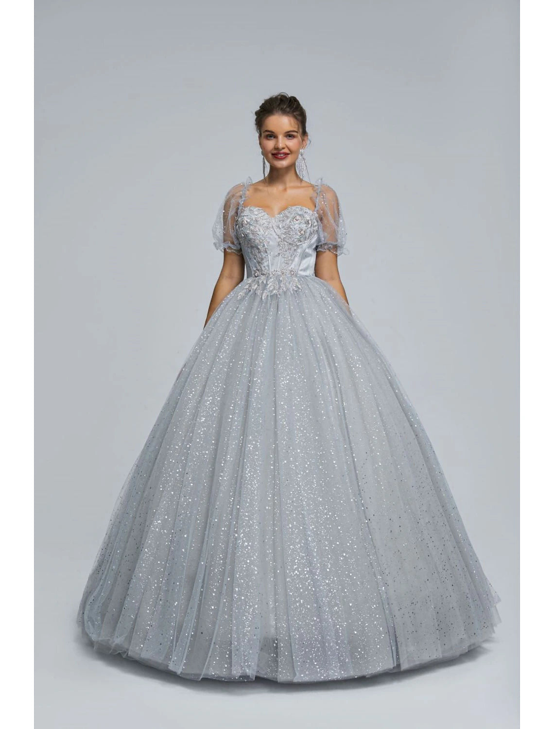 Weitese Ball Gown Prom Dresses Princess Dress Graduation Quinceanera Floor Length Short Sleeve Sweetheart Tulle with Sequin Appliques