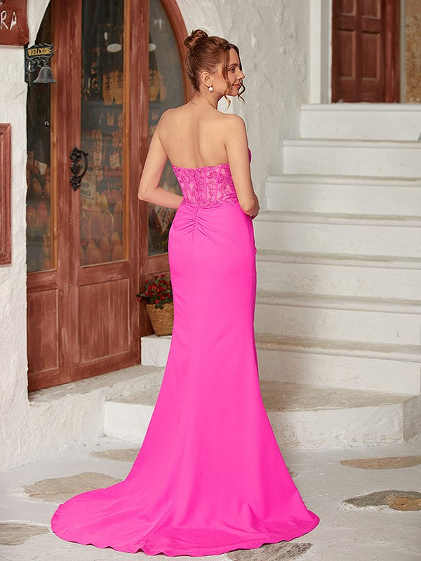 Weitese Sheath/Column Stretch Crepe Applique Sweetheart Sleeveless Sweep/Brush Train Dresses