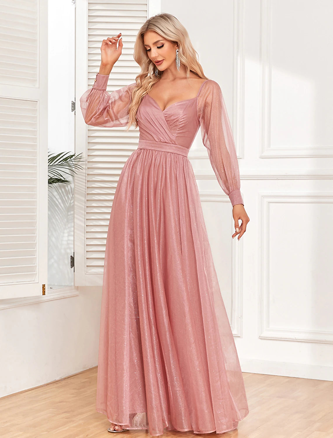 Weitese Women's Prom Dress Party Dress Swing Dress Long Dress Maxi Dress Light Red Long Sleeve Pure Color Ruched Summer Spring Fall V Neck Formal Evening Party