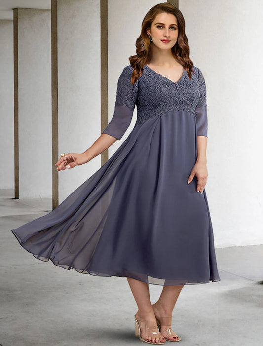 Weitese A-Line Mother of the Bride Dresses Plus Size Hide Belly Curve Elegant Dress Formal Tea Length Half Sleeve V Neck Chiffon with Buttons Appliques Fall