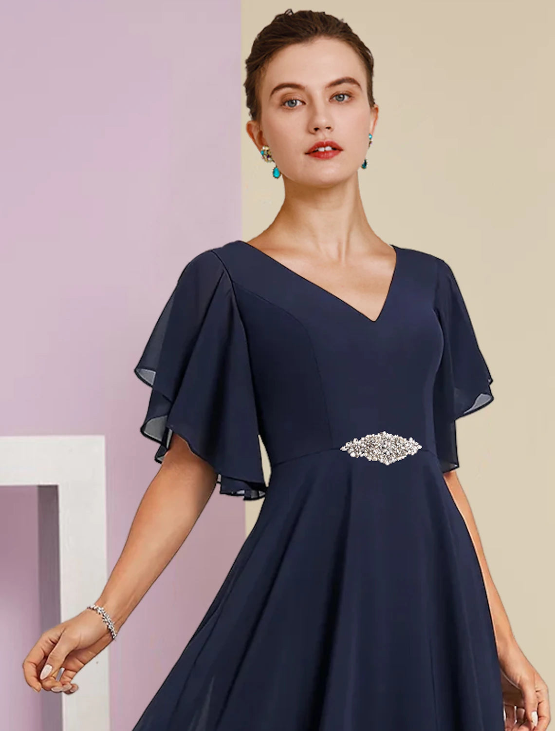 Weitese A-Line Mother of the Bride Dress Formal Fall Wedding Guest Elegant V Neck Tea Length Chiffon Lace Short Sleeve with Appliques Crystal Brooch