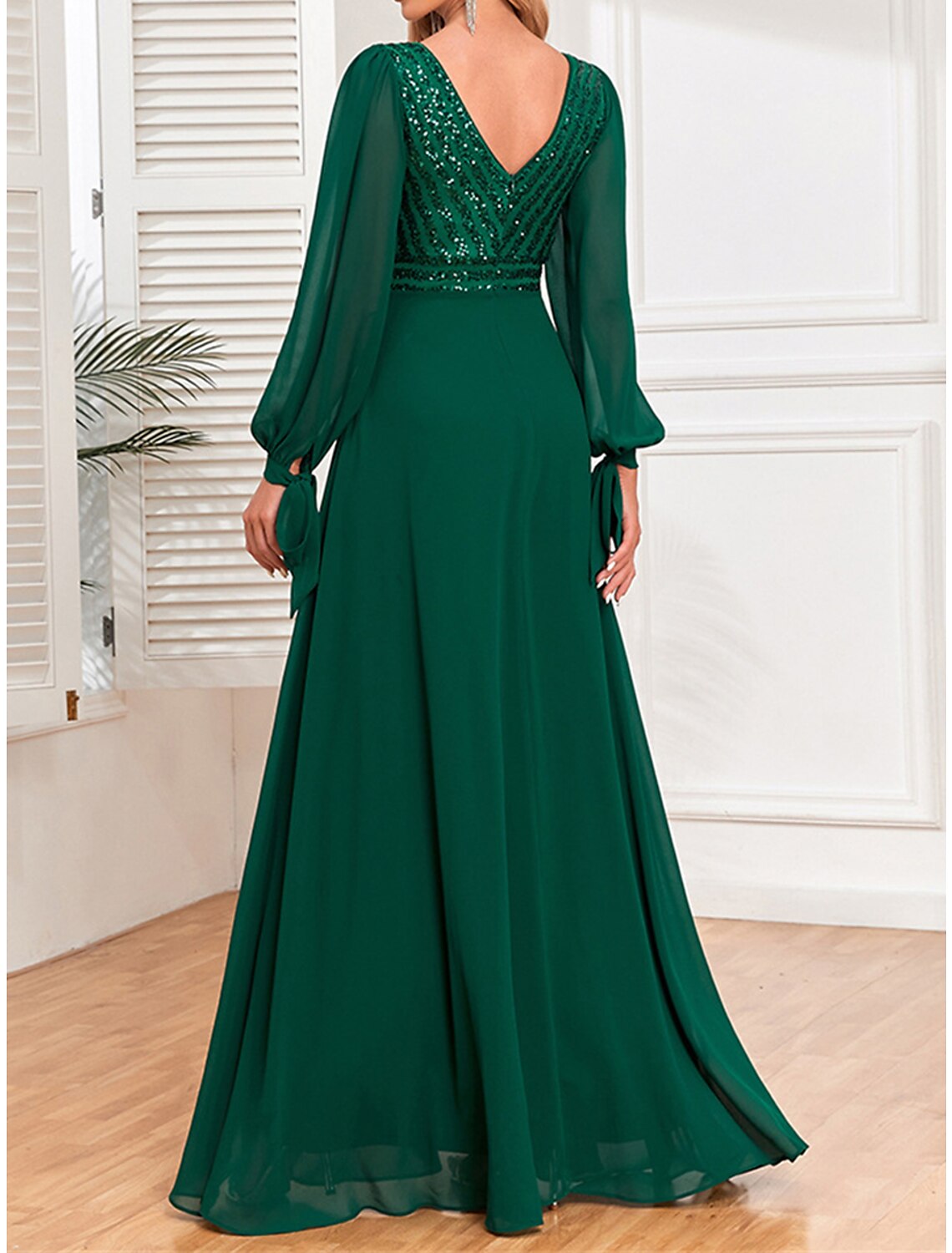 Weitese Women's Sequin Dress Prom Dress Party Dress Sparkly Dress Long Dress Maxi Dress Green Long Sleeve Fall Winter V Neck Fashion Evening Party