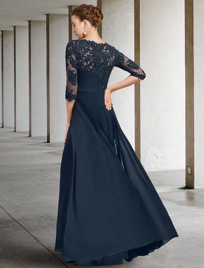 Weitese Sheath / Column Mother of the Bride Dress Wedding Guest Elegant Jewel Neck Floor Length Chiffon Lace Half Sleeve with Sequin Ruching Solid Color