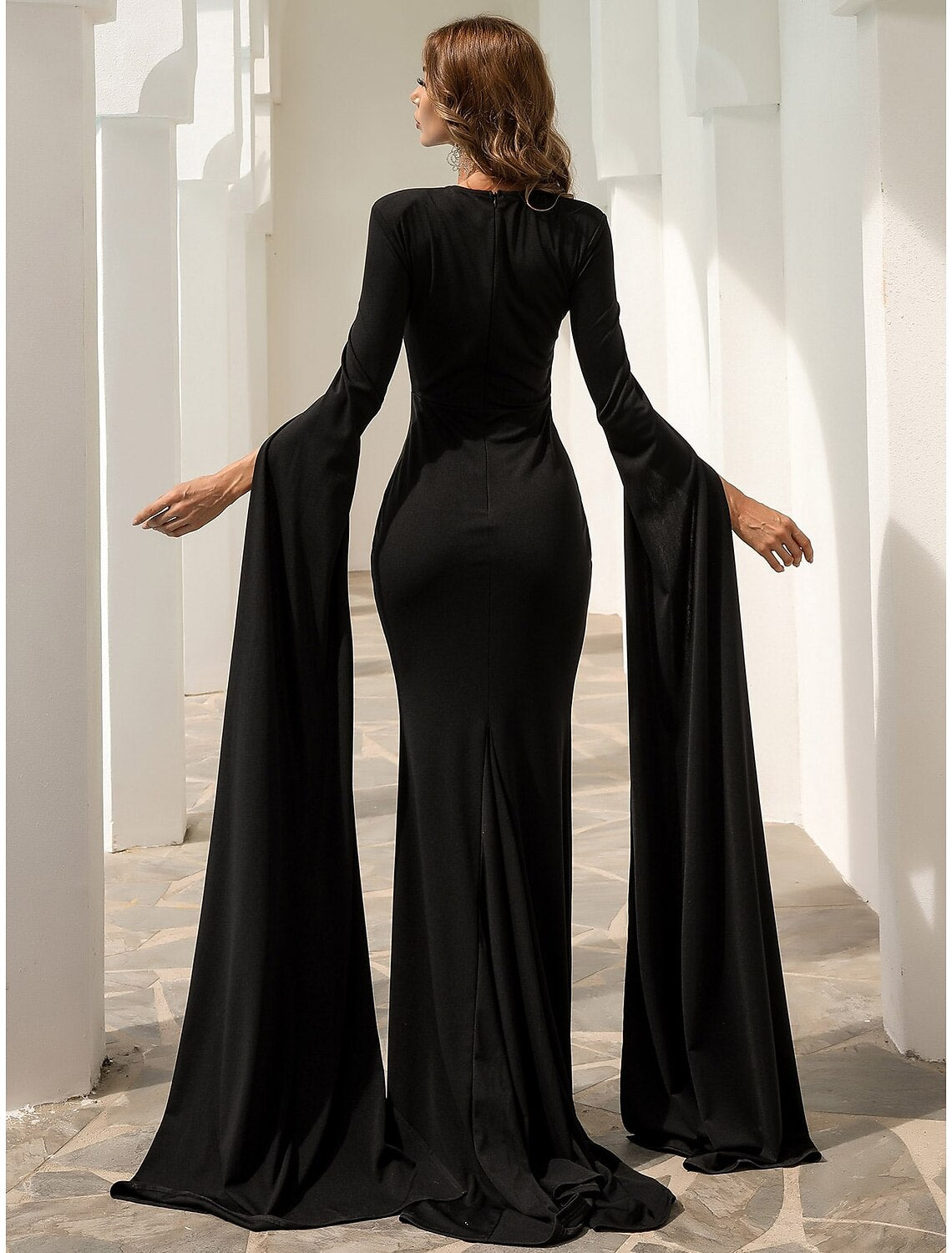 Weitese Black Mermaid / Trumpet Evening Gown Elegant Dress Formal Fall Court Train Long Sleeve Jewel Neck Stretch Fabric with Pleats