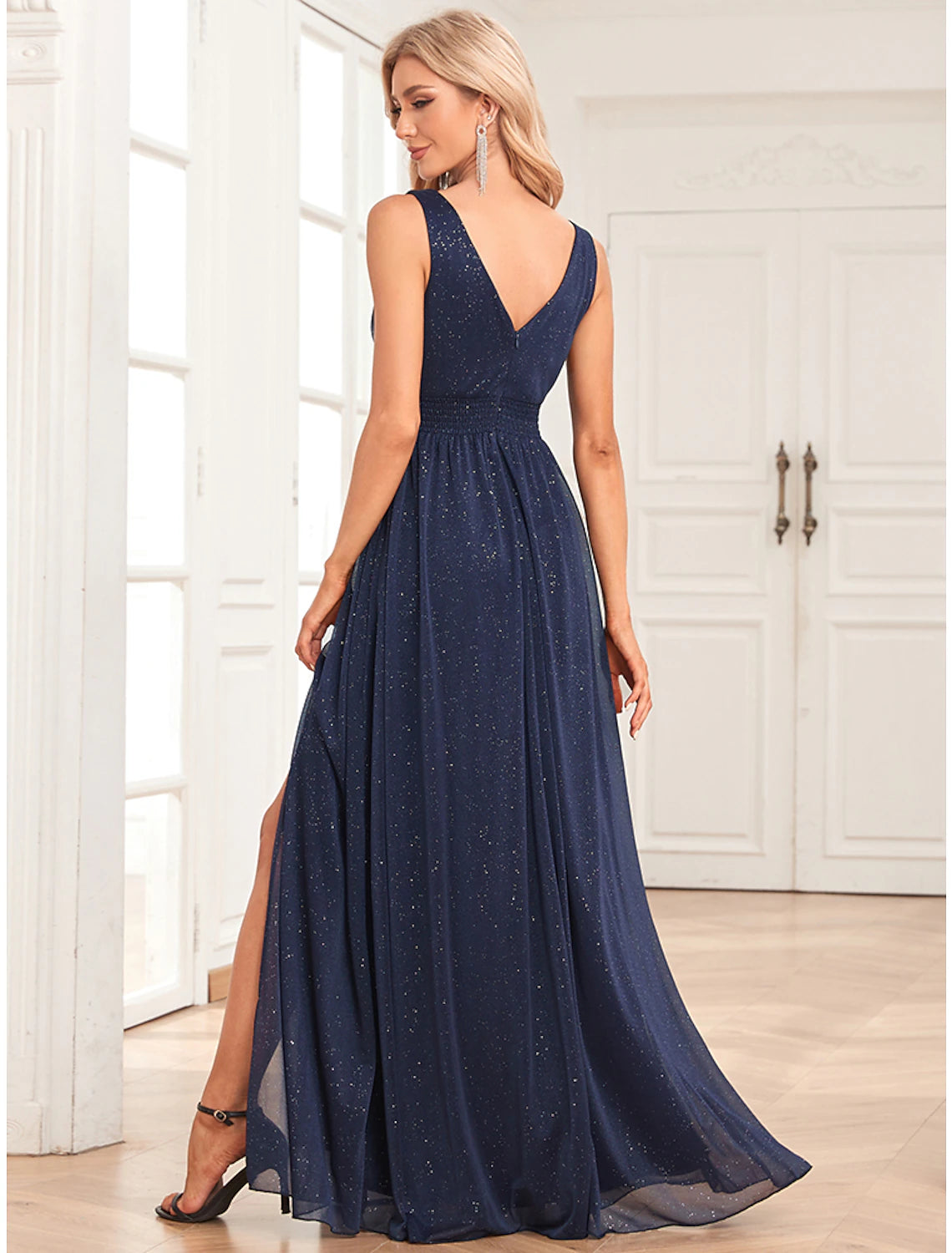 Weitese A-Line Evening Gown Empire Dress Wedding Guest Party Wear Floor Length Sleeveless V Neck Spandex V Back with Glitter Slit