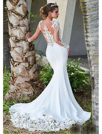 Weitese Engagement Open Back Formal Wedding Dresses Mermaid / Trumpet Illusion Neck Long Sleeve Court Train Lace Bridal Gowns With Appliques