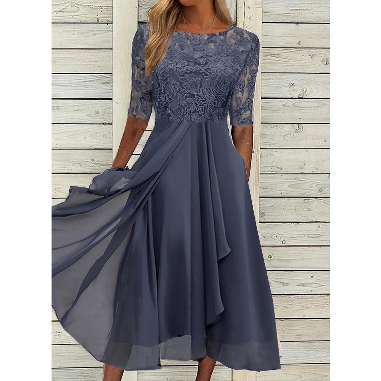 Women‘s Cocktail Party Dress Lace Dress Midi Dress Green Blue Purple Half Sleeve Floral Embroidery Lace Summer Spring Crew Neck Elegant Classic Wedding Guest