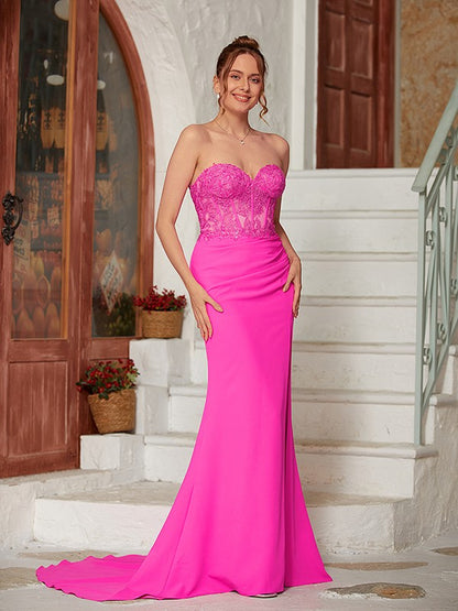 Weitese Sheath/Column Stretch Crepe Applique Sweetheart Sleeveless Sweep/Brush Train Dresses